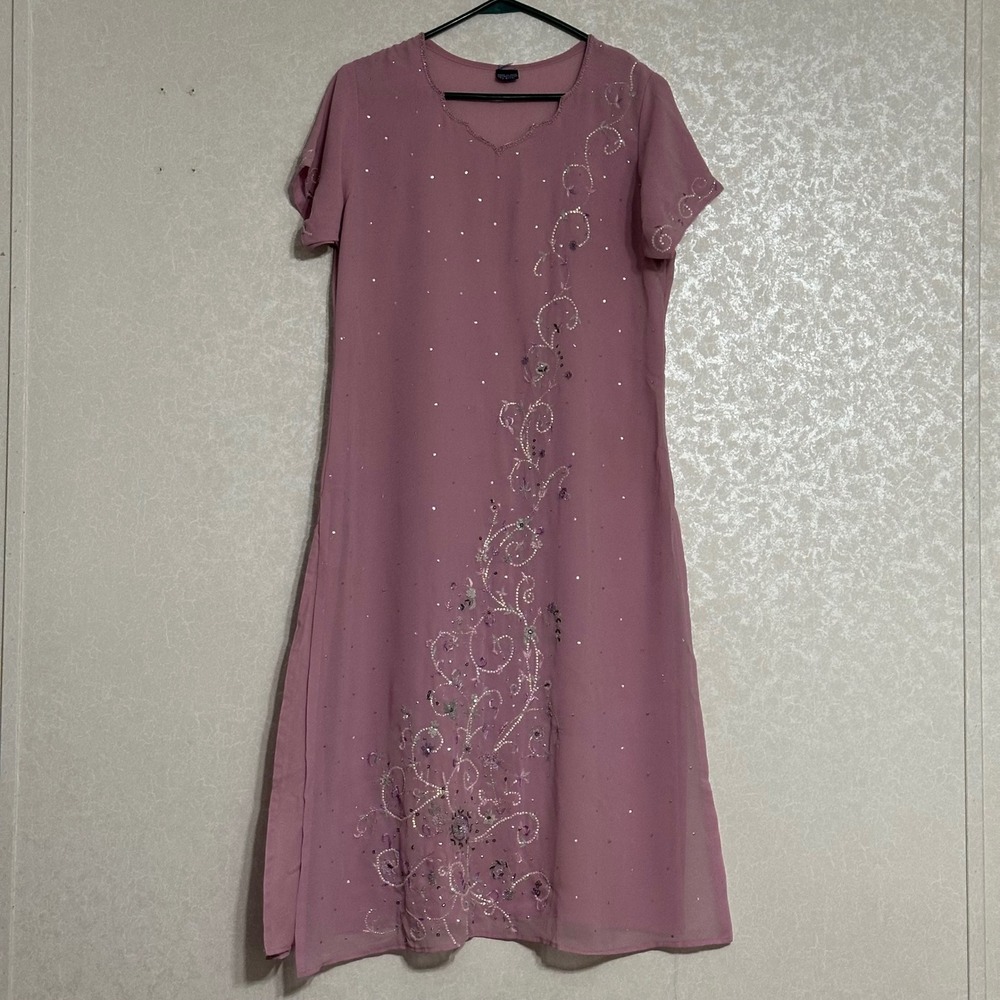 Pink Sleeveless Punjabi Kurta Top Embroidered Sequin Dress‎ India Made Sz M